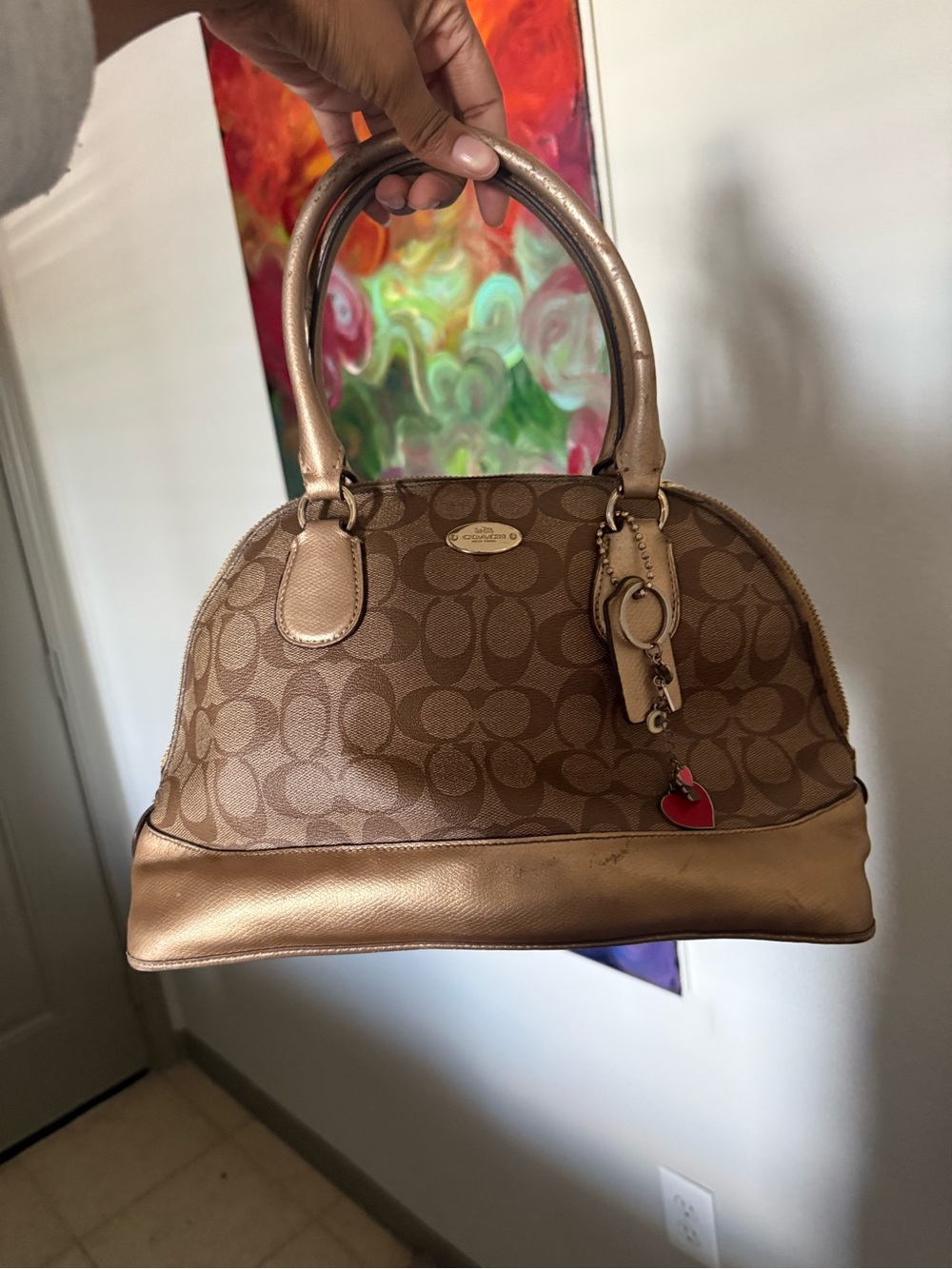 Coach Tan Signature Dome Satchel with Gold-Tone Trim